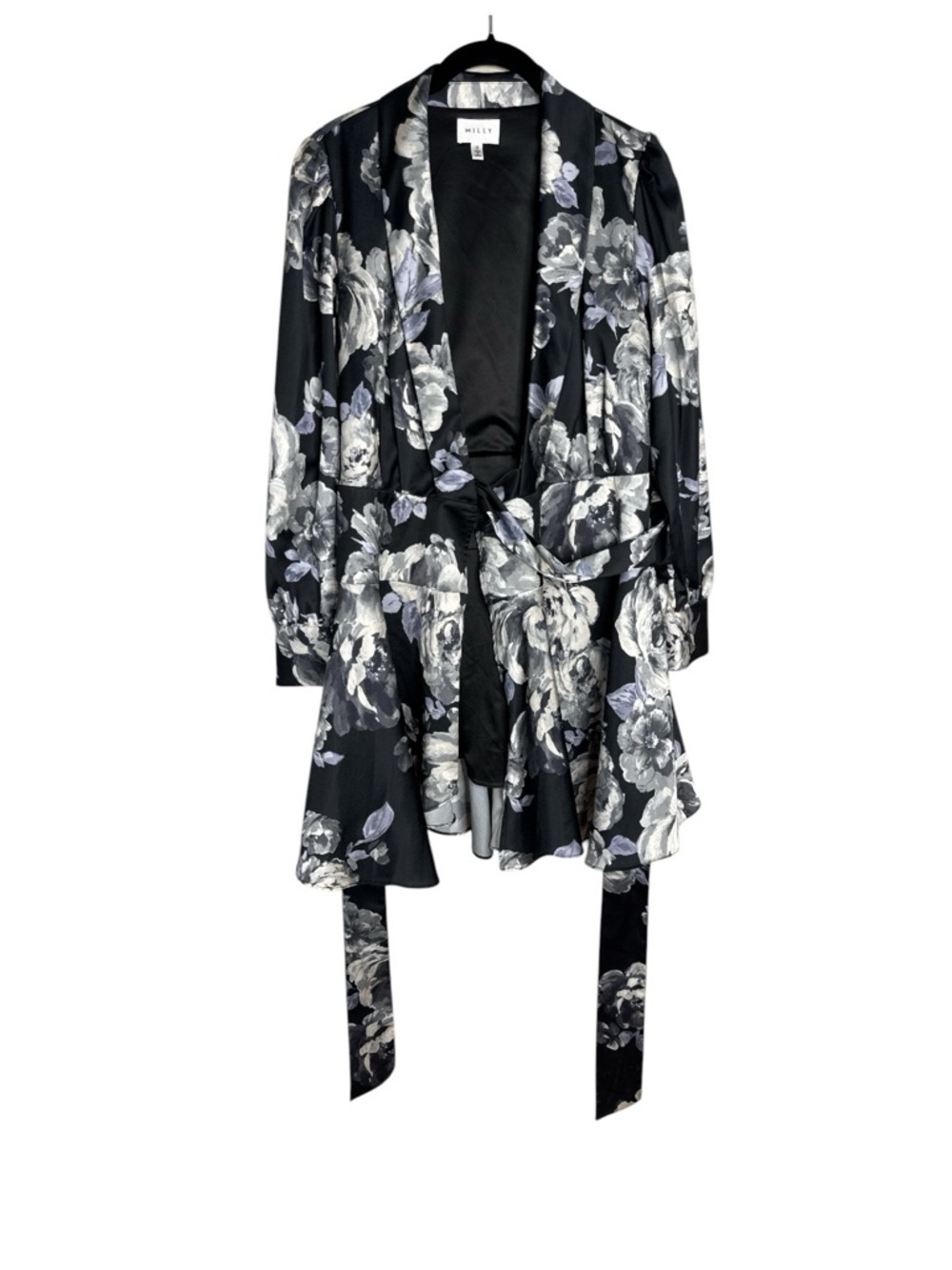 MILLY Samara Satin Floral Wrap Mini Dress Black Gray Size 6 - Picture 5 of 15